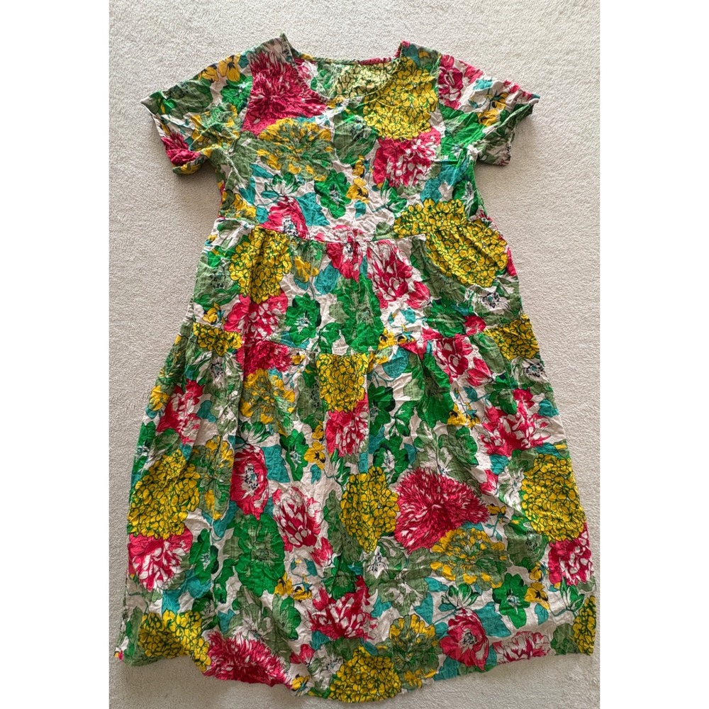 YesNo Floral Tiered Midi Dress Short Sleeve Pink Yellow Green Womens Size M